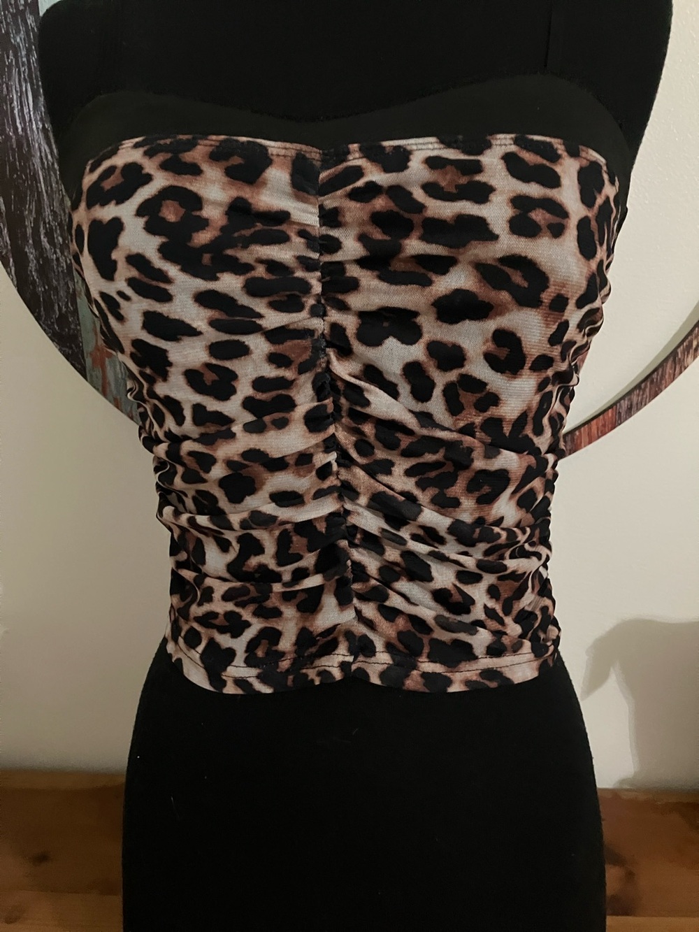 Leopard Print Ruched Strapless Crop Top - Brown